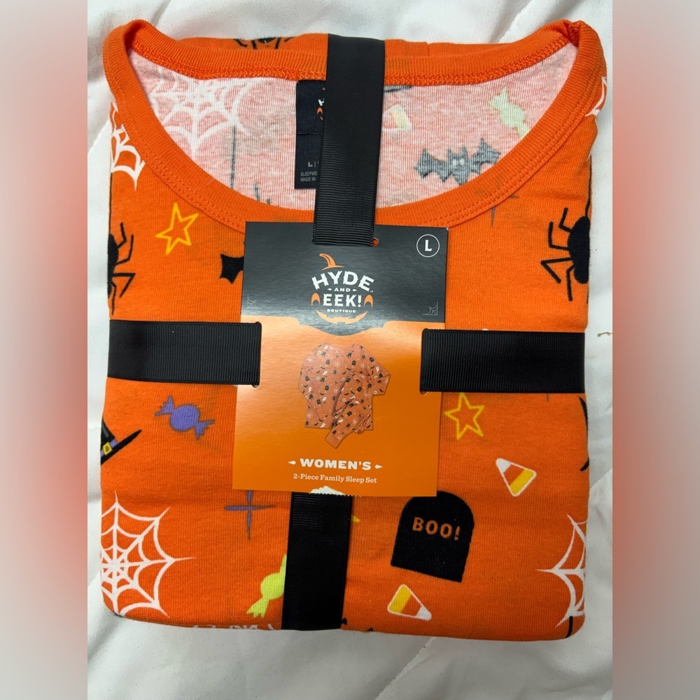 Hyde & Eek Womens Pajama's L Orange Black Halloween Cats Bats 2 Pc. PJ Set New
